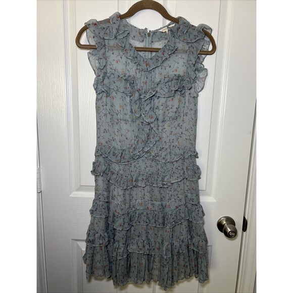 Rebecca Taylor Sleeveless Silk Chiffon Ruffle Tier Dress Size 4 Vine Floral Blue - Picture 3 of 11